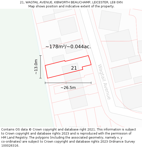 21, WAGTAIL AVENUE, KIBWORTH BEAUCHAMP, LEICESTER, LE8 0XN: Plot and title map