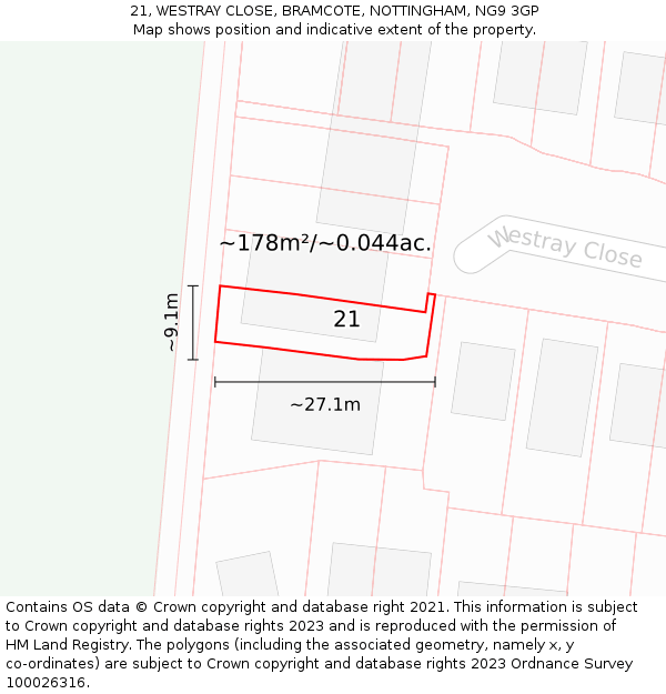 21, WESTRAY CLOSE, BRAMCOTE, NOTTINGHAM, NG9 3GP: Plot and title map