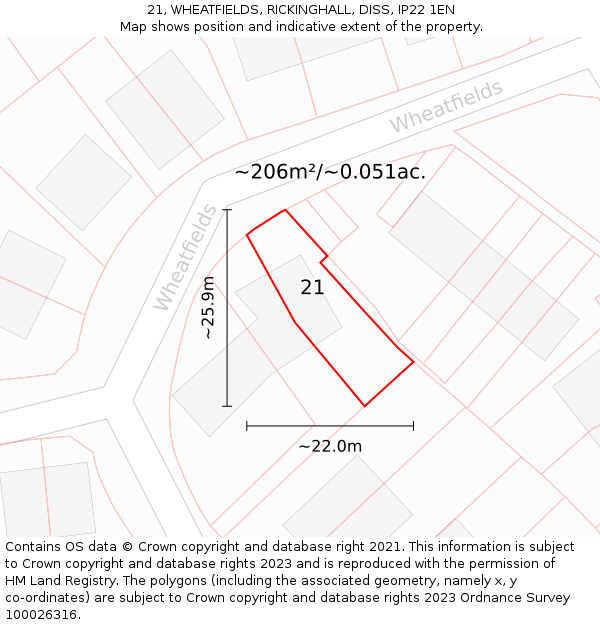 21, WHEATFIELDS, RICKINGHALL, DISS, IP22 1EN: Plot and title map