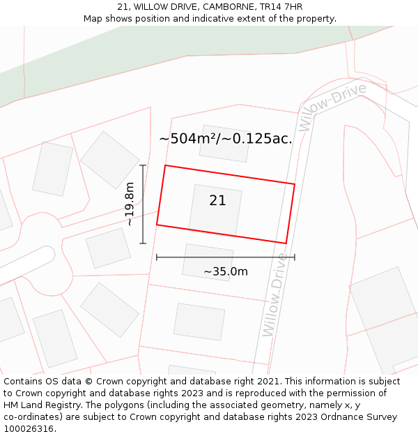 21, WILLOW DRIVE, CAMBORNE, TR14 7HR: Plot and title map