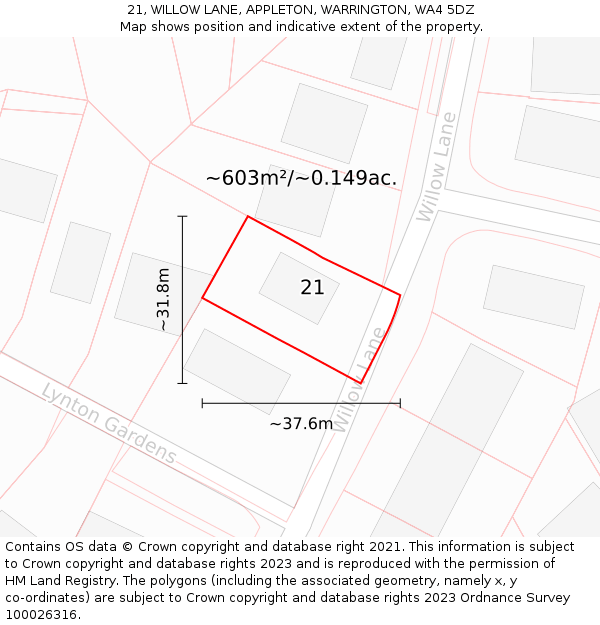 21, WILLOW LANE, APPLETON, WARRINGTON, WA4 5DZ: Plot and title map