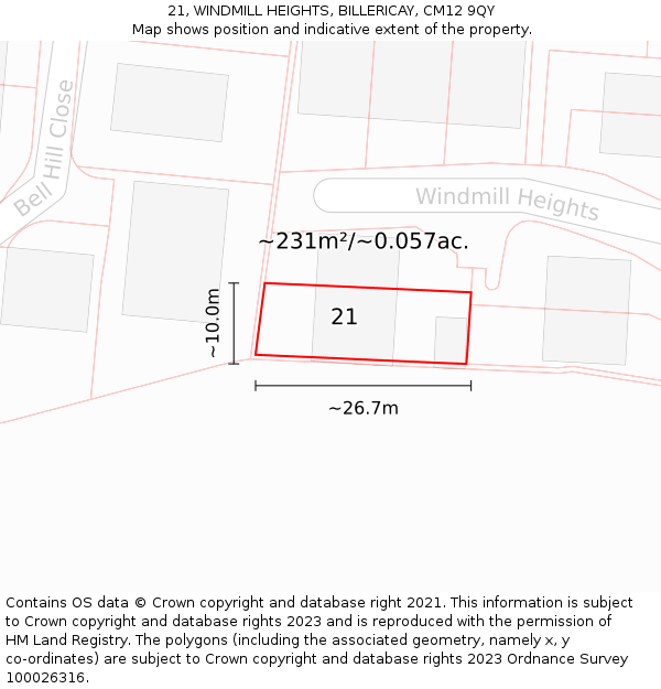 21, WINDMILL HEIGHTS, BILLERICAY, CM12 9QY: Plot and title map