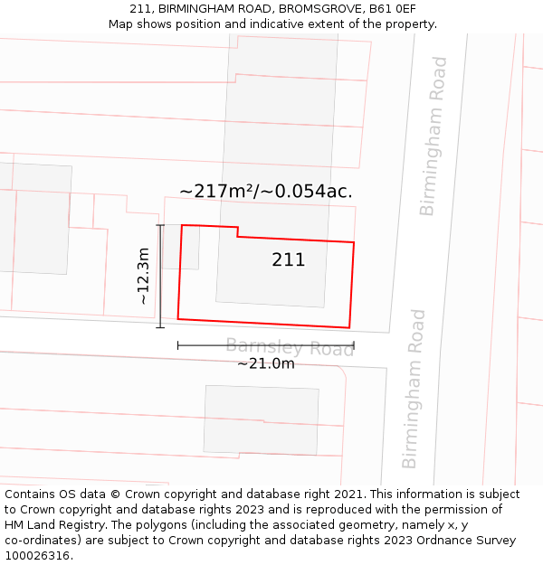 211, BIRMINGHAM ROAD, BROMSGROVE, B61 0EF: Plot and title map