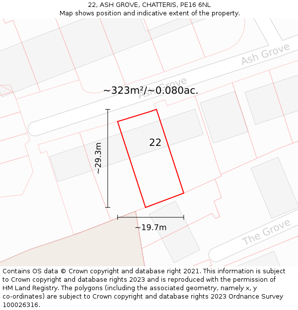 22, ASH GROVE, CHATTERIS, PE16 6NL: Plot and title map