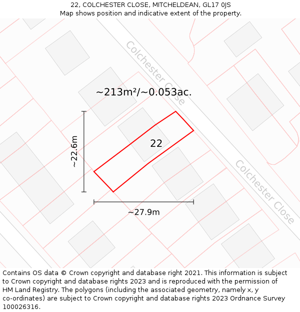 22, COLCHESTER CLOSE, MITCHELDEAN, GL17 0JS: Plot and title map
