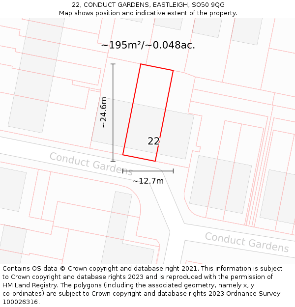 22, CONDUCT GARDENS, EASTLEIGH, SO50 9QG: Plot and title map