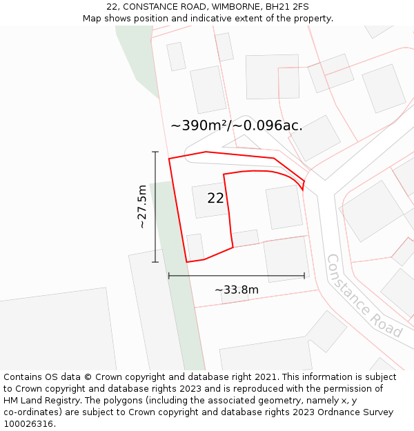 22, CONSTANCE ROAD, WIMBORNE, BH21 2FS: Plot and title map