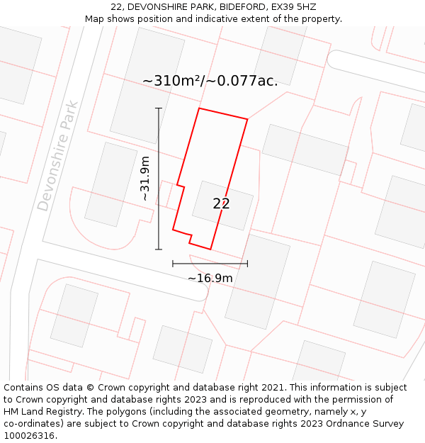 22, DEVONSHIRE PARK, BIDEFORD, EX39 5HZ: Plot and title map