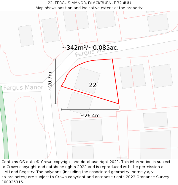 22, FERGUS MANOR, BLACKBURN, BB2 4UU: Plot and title map