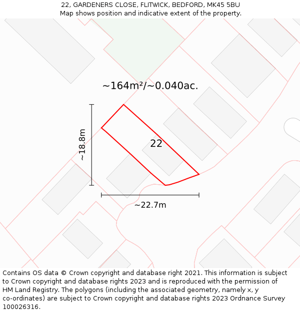 22, GARDENERS CLOSE, FLITWICK, BEDFORD, MK45 5BU: Plot and title map