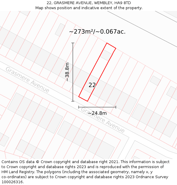 22, GRASMERE AVENUE, WEMBLEY, HA9 8TD: Plot and title map