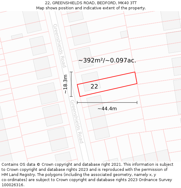 22, GREENSHIELDS ROAD, BEDFORD, MK40 3TT: Plot and title map