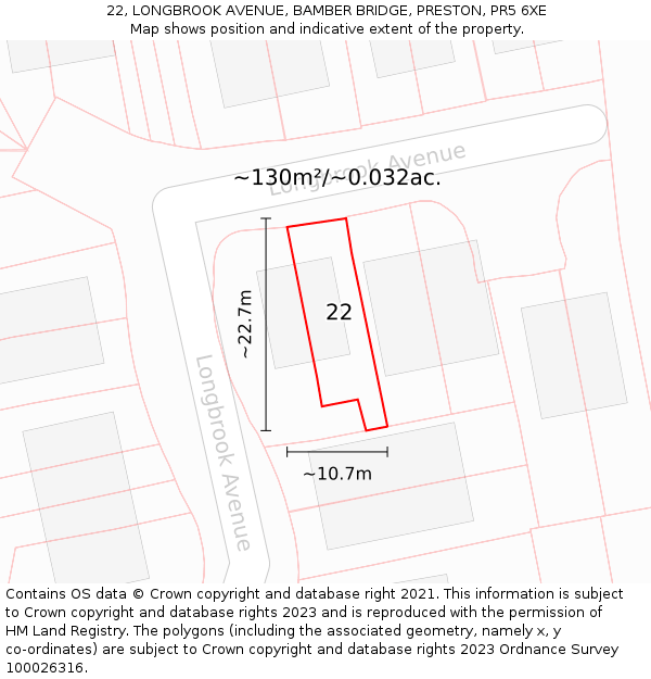 22, LONGBROOK AVENUE, BAMBER BRIDGE, PRESTON, PR5 6XE: Plot and title map