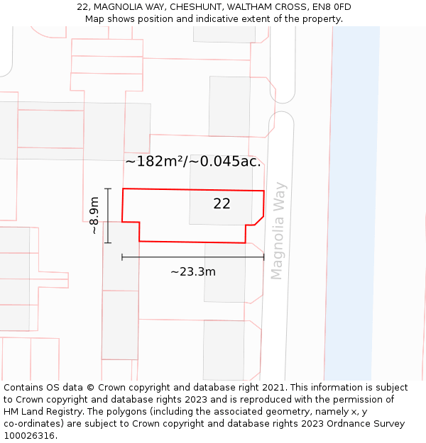 22, MAGNOLIA WAY, CHESHUNT, WALTHAM CROSS, EN8 0FD: Plot and title map