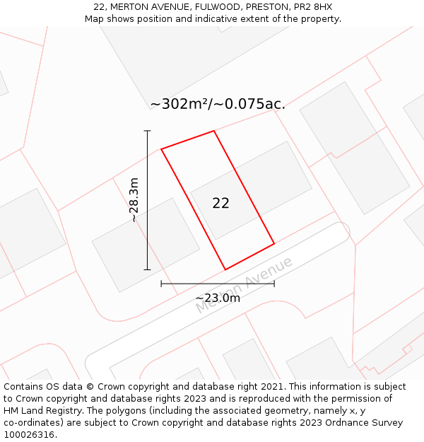 22, MERTON AVENUE, FULWOOD, PRESTON, PR2 8HX: Plot and title map