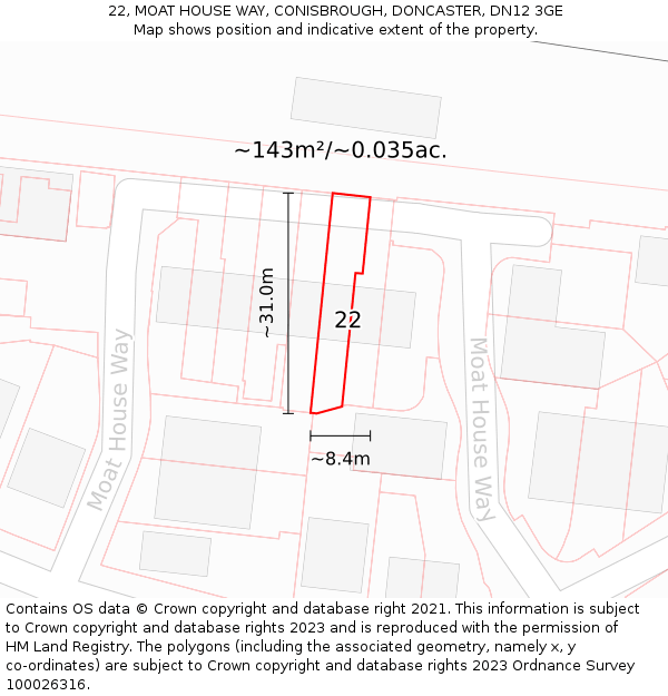 22, MOAT HOUSE WAY, CONISBROUGH, DONCASTER, DN12 3GE: Plot and title map