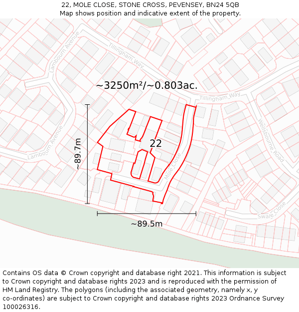 22, MOLE CLOSE, STONE CROSS, PEVENSEY, BN24 5QB: Plot and title map