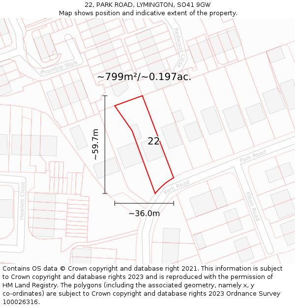 22, PARK ROAD, LYMINGTON, SO41 9GW: Plot and title map