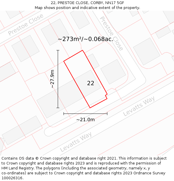 22, PRESTOE CLOSE, CORBY, NN17 5GF: Plot and title map
