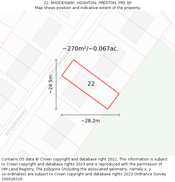 22, RHODESWAY, HOGHTON, PRESTON, PR5 0JY: Plot and title map