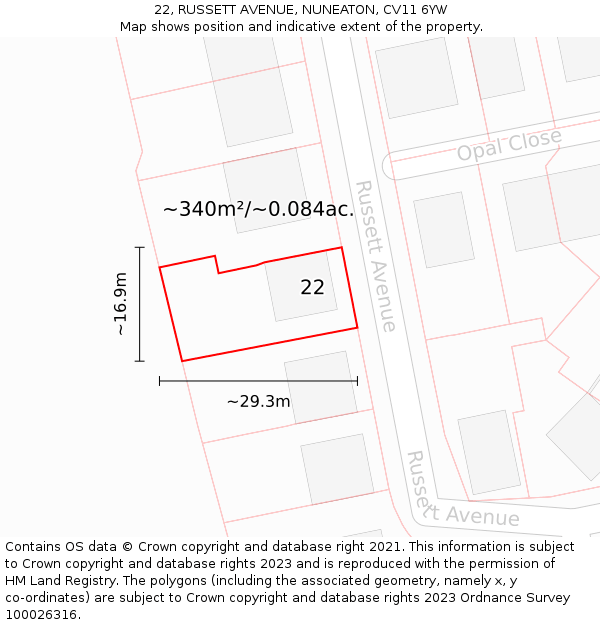 22, RUSSETT AVENUE, NUNEATON, CV11 6YW: Plot and title map