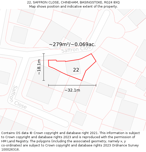 22, SAFFRON CLOSE, CHINEHAM, BASINGSTOKE, RG24 8XQ: Plot and title map