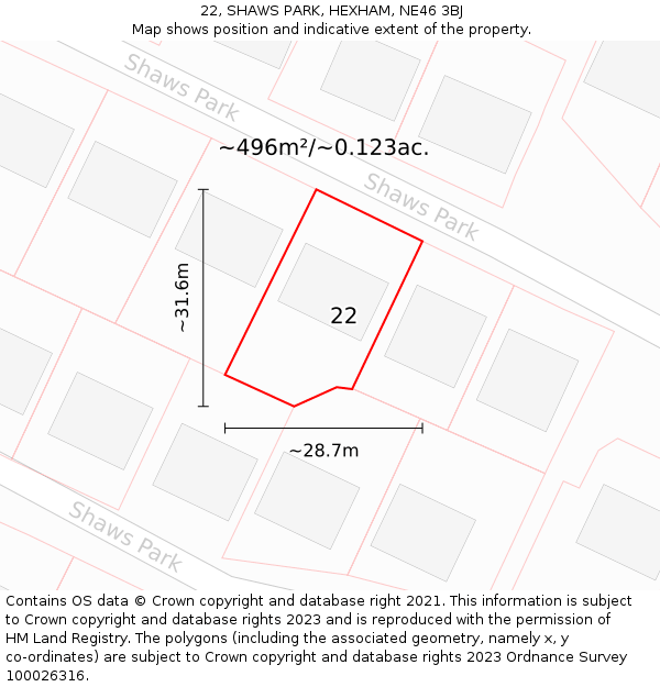 22, SHAWS PARK, HEXHAM, NE46 3BJ: Plot and title map