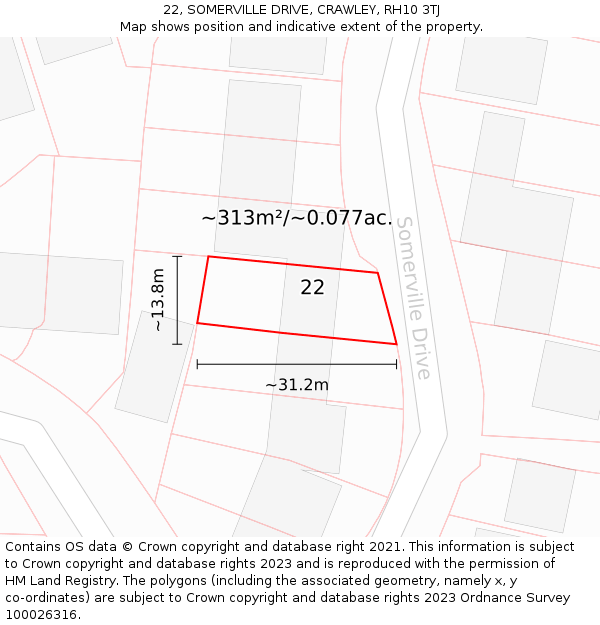 22, SOMERVILLE DRIVE, CRAWLEY, RH10 3TJ: Plot and title map