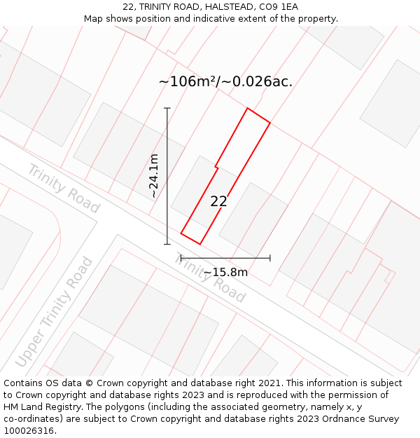 22, TRINITY ROAD, HALSTEAD, CO9 1EA: Plot and title map
