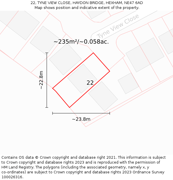22, TYNE VIEW CLOSE, HAYDON BRIDGE, HEXHAM, NE47 6AD: Plot and title map