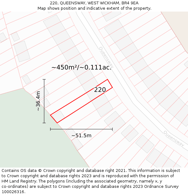 220, QUEENSWAY, WEST WICKHAM, BR4 9EA: Plot and title map