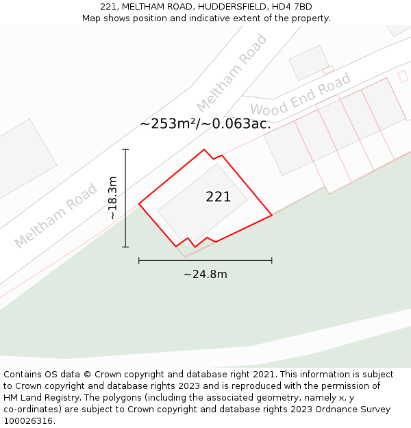 221, MELTHAM ROAD, HUDDERSFIELD, HD4 7BD: Plot and title map