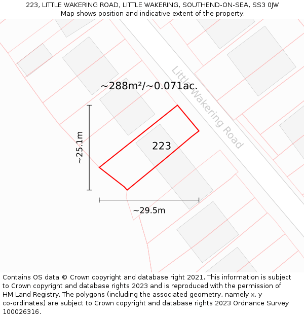 223, LITTLE WAKERING ROAD, LITTLE WAKERING, SOUTHEND-ON-SEA, SS3 0JW: Plot and title map
