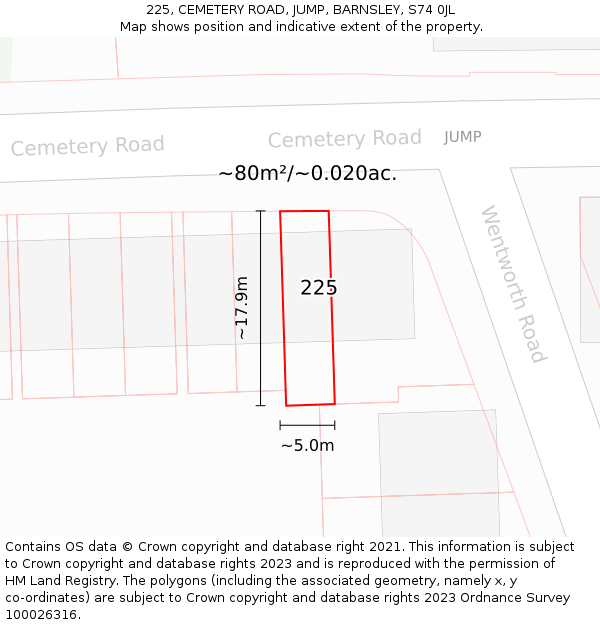 225, CEMETERY ROAD, JUMP, BARNSLEY, S74 0JL: Plot and title map
