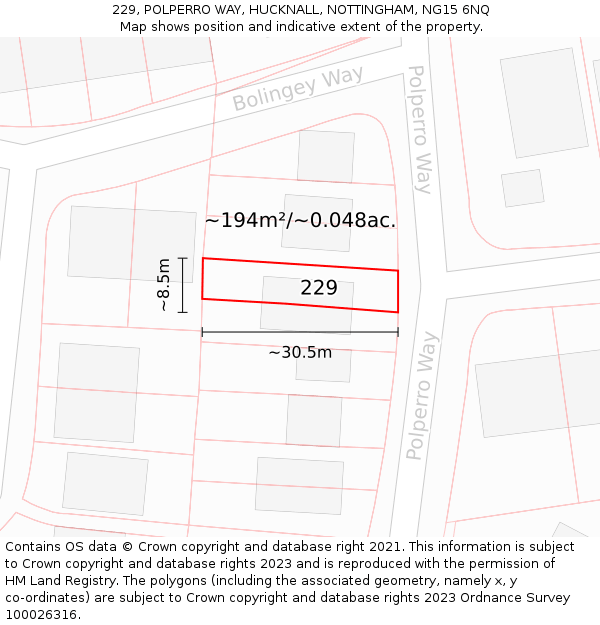 229, POLPERRO WAY, HUCKNALL, NOTTINGHAM, NG15 6NQ: Plot and title map