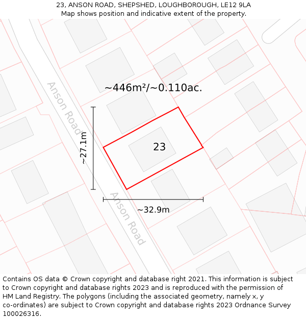 23, ANSON ROAD, SHEPSHED, LOUGHBOROUGH, LE12 9LA: Plot and title map