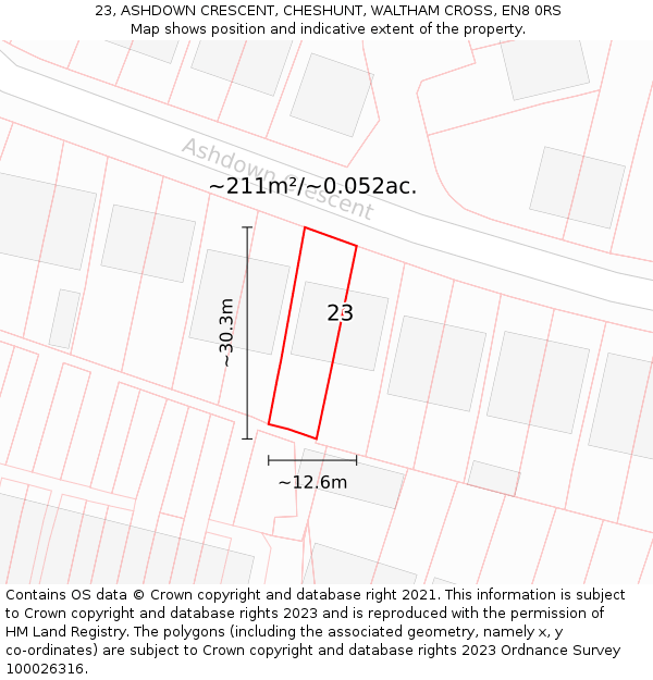23, ASHDOWN CRESCENT, CHESHUNT, WALTHAM CROSS, EN8 0RS: Plot and title map