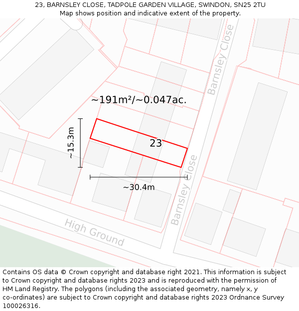 23, BARNSLEY CLOSE, TADPOLE GARDEN VILLAGE, SWINDON, SN25 2TU: Plot and title map