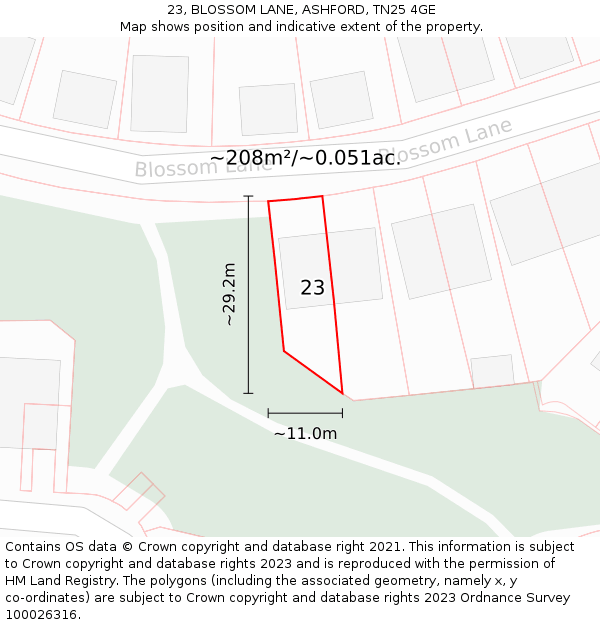 23, BLOSSOM LANE, ASHFORD, TN25 4GE: Plot and title map
