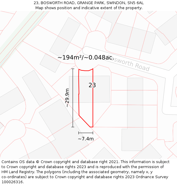 23, BOSWORTH ROAD, GRANGE PARK, SWINDON, SN5 6AL: Plot and title map