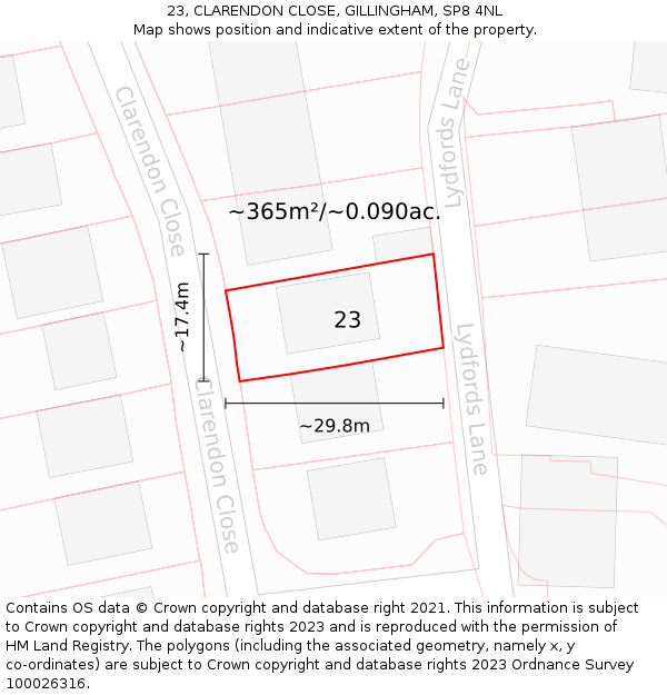 23, CLARENDON CLOSE, GILLINGHAM, SP8 4NL: Plot and title map