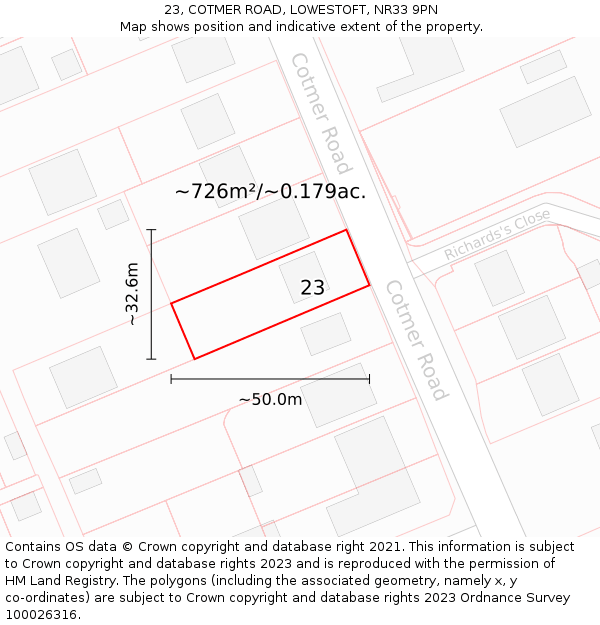 23, COTMER ROAD, LOWESTOFT, NR33 9PN: Plot and title map