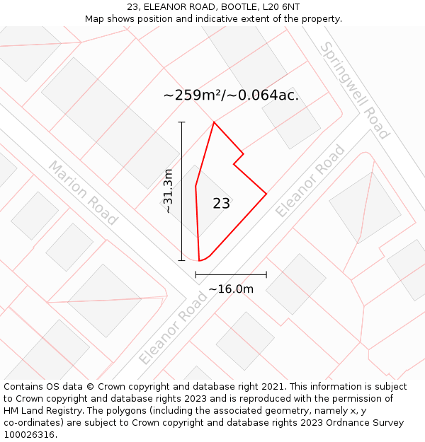 23, ELEANOR ROAD, BOOTLE, L20 6NT: Plot and title map