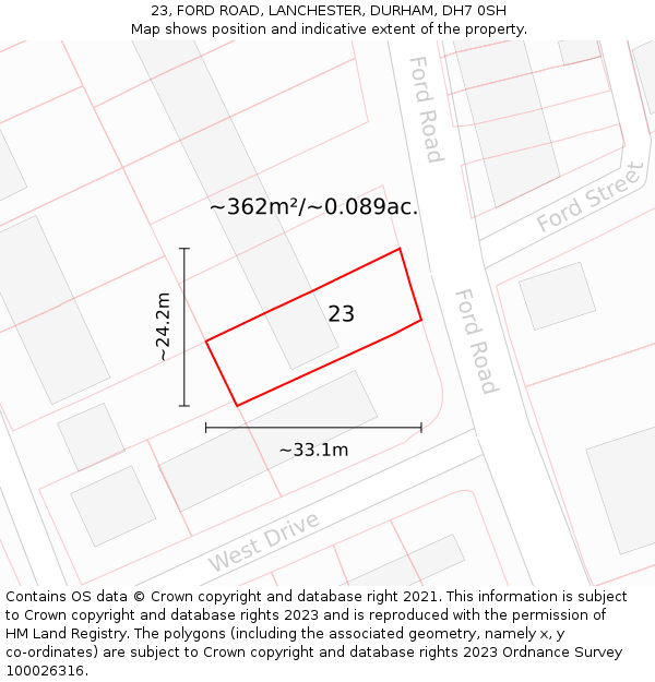 23, FORD ROAD, LANCHESTER, DURHAM, DH7 0SH: Plot and title map