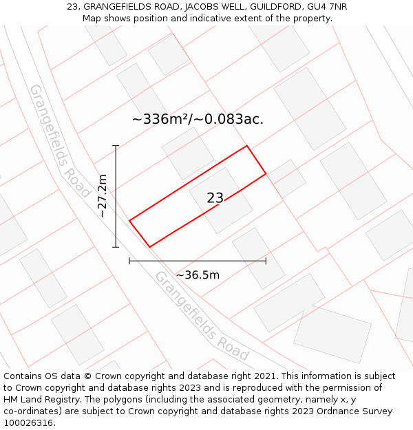 23, GRANGEFIELDS ROAD, JACOBS WELL, GUILDFORD, GU4 7NR: Plot and title map