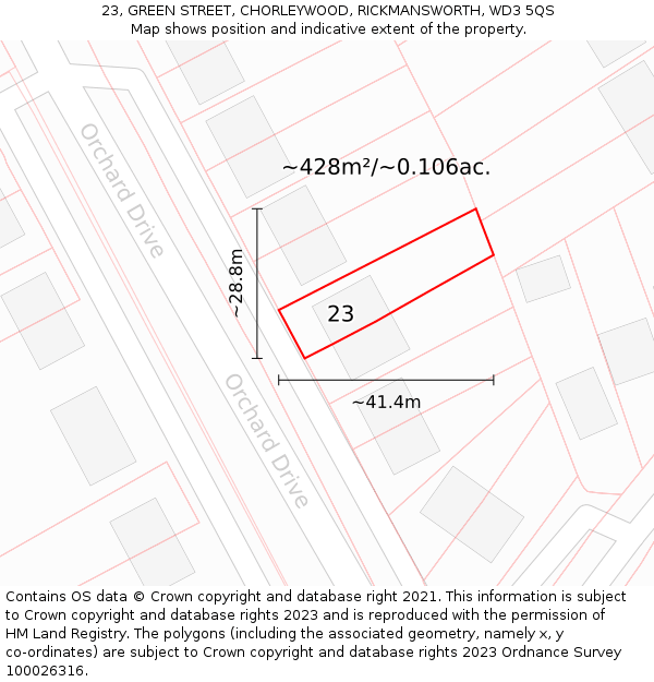 23, GREEN STREET, CHORLEYWOOD, RICKMANSWORTH, WD3 5QS: Plot and title map