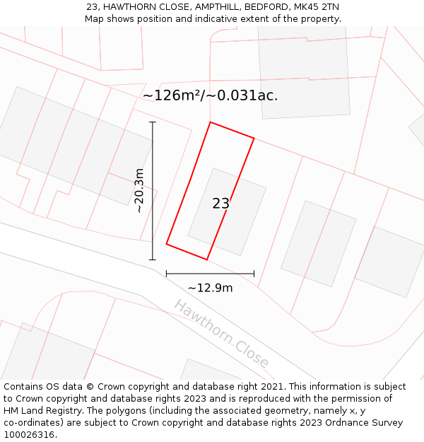 23, HAWTHORN CLOSE, AMPTHILL, BEDFORD, MK45 2TN: Plot and title map