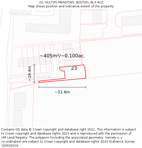 23, HULTON MEADOWS, BOLTON, BL3 4UZ: Plot and title map