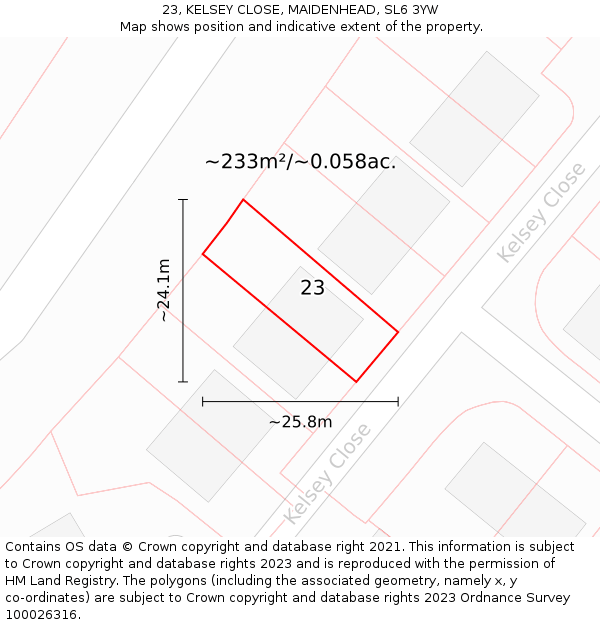 23, KELSEY CLOSE, MAIDENHEAD, SL6 3YW: Plot and title map