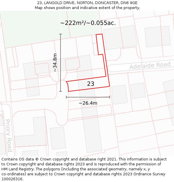 23, LANGOLD DRIVE, NORTON, DONCASTER, DN6 9GE: Plot and title map